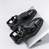 billige Kjole sandaler-Gull- og svarte metalliske sandaler for menn – stilige gladiatorsandaler med moderne spennedesign, perfekte for uformelle utendørsarrangementer