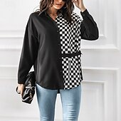 お買い得  女性用ストライプ＆ジオメトリックトップス-女性用 夏のトップス シフォントップス カラーブロック 日常 スタイリッシュ ベーシック 長袖 シャツカラー レギュラートップス ワーク 日常 祝日 パッチワーク プリント ブラックとホワイト ブラック ホワイト 春 秋