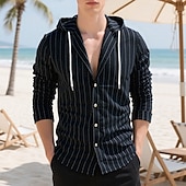 cheap Cotton Linen Shirt-Men&#039;s Shirt Linen Shirt Casual Shirt Button Up Shirt Cotton Shirt Stripe Vacation Hawaiian Black White Navy Blue Khaki Long Sleeve Hooded Spring Fall Clothing Apparel Drawstring