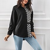 お買い得  女性用ストライプ＆ジオメトリックトップス-女性用 夏のトップス シフォントップス カラーブロック 日常 スタイリッシュ ベーシック 長袖 シャツカラー レギュラートップス ワーク 日常 祝日 パッチワーク プリント ブラックとホワイト ブラック ホワイト 春 秋