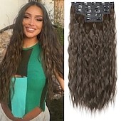 baratos Clip nas extensões-extensões de cabelo clip in 5 peças extensões de cabelo castanho 24 extensões de cabelo longas e grossas ondas soltas he002 trama de renda invisível apliques naturais macios para mulheres castanho