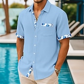 preiswerte Urlaub-Herren Hemd Leinenhemd Sommerhemd Strandhemd Sommer Hawaiihemd Blumen Urlaub Lässig Weiß Rosa Marineblau Leicht Blau Kurzarm Kragen Sommer Bekleidung Patchwork
