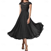 preiswerte Teelänge-A-Linie Brautmutterkleid Elegant Einfach Rundhalsausschnitt Knöchellänge Chiffon Kurzarm mit Falten Einfarbig 2025