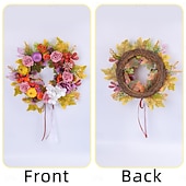 abordables action de grâces et décoration d&#039;automne-Couronne d&#039;automne pour porte d&#039;entrée, Thanksgiving, récolte d&#039;automne, décoration intérieure et extérieure, couronne de vigne de roses et de citrouilles, panneau de porche de ferme rustique suspendu