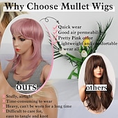 tanie Peruki historyczne-Peruki Mullet dla Czarno-Kobiet Prosta Peruka Wolf Cut Mullet Peruka Warstwowe Mullet Peruki z Grzywką Miękkie Syntetyczne Shag 80s 90s Mullet Peruki dla Kobiet Rocker Cosplay Peruki Halloween