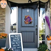 Недорогие Хэллоуинские венки и цветочные украшения-Деревянная вешалка на дверь с надписью «Добро пожаловать на Хэллоуин», фиолетовая вывеска с изображением дома с привидениями и кошки, жуткий венок на входную дверь для декора на Хэллоуин