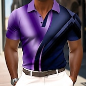 billiga Geometrisk pikétröja för män-Herr Abstrakt Geometrisk Polo Kortärmad Polotröjor Kavajslag Business Casual Fritids- 3D-utskrift Knappar Sommar Blå Purpur Guld