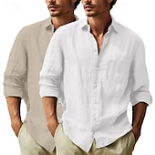 preiswerte Klassiker-Herren Hemd Leinenhemd Sommerhemd Strandbekleidung Knopfhemd Einfach Urlaub Kreuzfahrt Weiss + Rosa Weiß + Khaki Schwarz + dunkelgrün Grau+Khaki Langarm Revers Sommer Frühling Bekleidung Rein