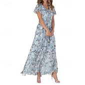 preiswerte Elegante Blumenkleider-Damen Midikleid Cocktailkleid Chiffonkleid Blumenkleid Druckkleid Mode Modern Outdoor Urlaub Teegesellschaft Normale Passform Blume Kurzarm V Ausschnitt Blau Grün Leicht Blau Sommer