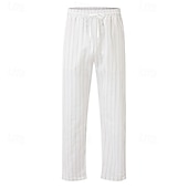 cheap Holiday-Men&#039;s Linen Pants Trousers Summer Pants Beach Pants Pocket Drawstring Elastic Waist Striped Comfort Breathable Vacation Daily Holiday Hawaiian Boho White