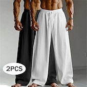 baratos Clássico-Homens Calças de linho Calças Calça verão Calças largas Calças de praia Com Cordão Cintura elástica Perna reta Tecido Conforto Respirável Comprimento total Casa Diário Feriado Férias Moda Branco
