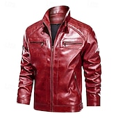 preiswerte Kunstlederjacke-Herren Kunstlederjacke Bikerjacke Rote Lederjacke Motorradjacke Urlaub Täglich Winddicht Warm Tasche Herbst Winter Einfach Mode Klassisch Stehkragen Regulär Schwarz Rote Braun Jacken
