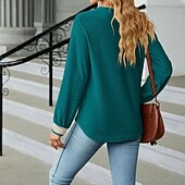 preiswerte Damen Einfache Oberteile-Damen Bluse Farbblock Modern Lässig Langarm V Ausschnitt Normale Oberteile Täglich Ferien Patchwork Gras-Grün Erröten Sie Rosa Schwarz Rosa Wein Sommer