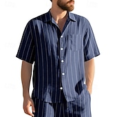economico Casual da lavoro-Per uomo Camicia Camicia di lino Camicia casual Camicia con Bottoni Camicia di cotone A righe Vacanza Streetwear Nero Bianco Blu marino Cachi Manica Corta Collo ripiegato Estate Abbigliamento