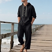 cheap Men&#039;s Tee Sets-Men&#039;s T-shirt Suits Shirt and Pant Sets 2 Pieces Outfits Long Sleeve Hooded Summer Spring Solid Color Fashion Casual Buttons 2 Piece Vacation Daily Wear Going out Black White Yellow Top Tee for Men