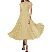 preiswerte Teelänge-A-Linie Brautmutterkleid Elegant Einfach Rundhalsausschnitt Knöchellänge Chiffon Kurzarm mit Falten Einfarbig 2025