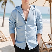 cheap Cotton Linen Shirt-Men&#039;s Shirt Linen Shirt Casual Shirt Button Up Shirt Cotton Shirt Stripe Vacation Hawaiian Black White Navy Blue Khaki Long Sleeve Hooded Spring Fall Clothing Apparel Drawstring