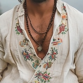 economico Vacanza-Per uomo Camicia Camicia di lino Camicia casual Camicia di cotone Floreale Vacanza Camicia hawaiana Bianco Manica Lunga Scollo a V Primavera Autunno Abbigliamento Etnico / religioso