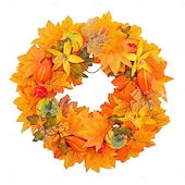 cheap Thanksgiving &amp; Fall-Fall Wreath for Front Door Thanksgiving Autumn Harvest Indoor Outdoor Decoration, Pumpkin and Maple Leaf Artificial Grapevine Wreath Halloween Home Decor
