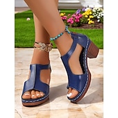 economico Sandali Casual-sandali da donna con tacco a blocco retrò e ritagli – comode scarpe aperte in similpelle nera con suola spessa per mercati del fine settimana, cene all&#039;aperto e feste in giardino