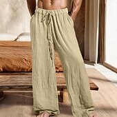cheap Home-Men&#039;s Linen Pants Trousers Summer Pants Baggy Pants Elastic Waist Drawstring Straight Leg Plain Comfort Breathable Full Length Casual Daily Holiday Vacation Fashion Black White Inelastic