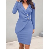 ieftine Rochie simplă-Pentru femei Rochie Mini Rochie Bodycon Rochii Semi Formale Birou Fit regulat Simplu Manșon Lung În V Negru Roșu Vin Albastru piscină Mov Vară