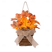 baratos decoração de ação de graças e outono-Guirlanda de outono para porta da frente, colheita de ação de graças, decoração interna e externa, cesta de videira natural com folhas de outono e laço, porta rústica e decoração de parede