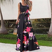 abordables Robes Floraux Imprimés-Femmes Robe Longue Maxi Robe Robe Décontractée Robe évasée Robe d&#039;été Robe Nuisette Élégant Mode Moderne Quotidien Plage Week-end Coupe régulière Fleur Sans manches Col ras du cou Noir Blanche Rose