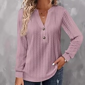 abordables Hauts Unis pour Femmes-Femmes Chemisier Uni Moderne Occasionnel manche longue Col en V Hauts Réguliers Quotidien Fête Sortir Boutons Noir Blanche Rose Claire Vert Kaki Automne