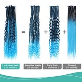 cheap Crochet Hair-24 Inch 3 In 1 Dreadlock Extensions Sets 30 Strands Mixed Ombre Blue Synthetic SE Dreads Extensions 100% Handmade Soft Single Ended Curly Boho Wavy Dreads for Girls