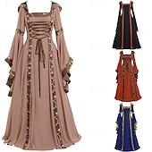 ieftine Rochie-Medieval Renascentist secolul al 18-lea Lung Rochii Manșon Flare cuff Viching Outlander Mărime Plus Size Culoare solidă Pătrat Pentru femei Celtic Fantezie Mascaradă Petrecere și seară Festival Adulți