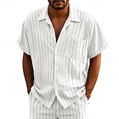 economico Casual da lavoro-Per uomo Camicia Camicia di lino Camicia casual Camicia con Bottoni Camicia di cotone A righe Vacanza Streetwear Nero Bianco Blu marino Cachi Manica Corta Collo ripiegato Estate Abbigliamento