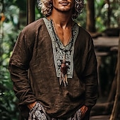 economico Vacanza-Per uomo Camicia Camicia di lino Camicia popover Camicia Estiva Abbigliamento da spiaggia Camicie retrò Etnico Vacanza Ferie Vino Marrone Verde Manica Lunga Scollo a V Estate Primavera Abbigliamento