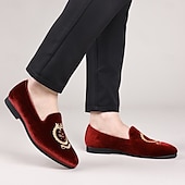 お買い得  ローファー-刺繍入りの紋章が入ったメンズ バーガンディ ベルベット ローファー - 結婚式、宴会、お祝いの席にぴったりのスリッポン パーティー ドレスシューズ