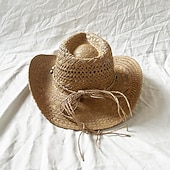 economico Far West-cappello di paglia a conchiglia, cappello da sole per le vacanze al mare, cappello da cowboy con tesa arrotolata