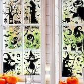 preiswerte Halloween Aufkleber-9 Bögen Halloween-Fensteraufkleber, doppelseitig, Sensenmann, Hexe, Fledermaus, Spinnennetz-Silhouette, statische Aufkleber für Glas, Fenster, Wand, Party-Dekor