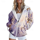 cheap Hoodie Jacket-Women&#039;s Casual Jacket Comfortable Pocket Print Sports Fashion Outdoor Flower Casual Daily Weekend Zipper Regular Hooded Regular Fit Long Sleeve Outerwear Black Light Purple Purple Spring Fall