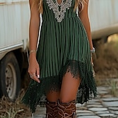 abordables Robes Bohémiennes-Femmes Mini Robe Robe bohème Robe occidentale ancien Mode Vacances Fête Sortir Coupe régulière Fleur Sans manches Col en V Vert Été