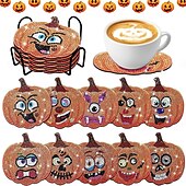 economico Halloween Cucina-Set di 10 sottobicchieri in legno a forma di zucca di Halloween, sottobicchieri fai da te fatti a mano con diamanti a pois, sottobicchieri isolanti antiscivolo con supporto per decorazioni da tavola