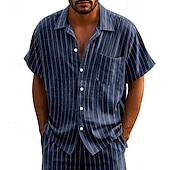 economico Casual da lavoro-Per uomo Camicia Camicia di lino Camicia casual Camicia con Bottoni Camicia di cotone A righe Vacanza Streetwear Nero Bianco Blu marino Cachi Manica Corta Collo ripiegato Estate Abbigliamento