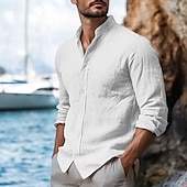 preiswerte Urlaub-Herren Hemd Leinenhemd Stehkragenhemd Sommerhemd Strandbekleidung Freizeithemd Einfarbig Urlaub Kreuzfahrt Schwarz Weiß Blau Khaki Langarm Kragen Bekleidung