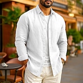 preiswerte Business Casual-Herren Leinenhemd Sommerhemd Strandbekleidung Freizeithemd Knopfhemd Einfach Urlaub Lässig Schwarz Weiß Rosa Marineblau Langarm Revers N / A Bekleidung