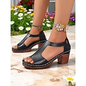 economico Sandali Casual-sandali da donna con tacco a blocco retrò e ritagli – comode scarpe aperte in similpelle nera con suola spessa per mercati del fine settimana, cene all&#039;aperto e feste in giardino