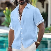 preiswerte Urlaub-Herren Hemd Leinenhemd Sommerhemd Strandbekleidung Einfach Urlaub Lässig Weiß Rosa Blau Khaki Kurzarm Revers Sommer Frühling &amp; Sommer Bekleidung