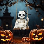 abordables Décorations Suspendues et de Table pour Halloween-Figurine créative en résine représentant un squelette et un chat pour Halloween, tête de fantôme effrayante à suspendre, décoration de maison et de fête en résine pour Halloween