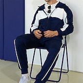economico Tute da ginnastica-Per uomo Tuta da Ginnastica Pantaloni da Tuta Felpa con cappuccio e zip Tasca Blocco di colori Completo Abbigliamento Autunno Nero Blu marino scuro Palestra Allenamento Sportivo Antivento Manica Lunga