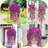 abordables Plantas y Flores Artificiales-2 piezas de flores colgantes artificiales de gloria de la mañana resistentes a los rayos UV, flores artificiales de plástico de color púrpura y rojo púrpura vibrantes para porche, jardín, boda y