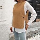 abordables Pulls sans manches-Femmes Pull Gilet Pull Occasionnel Couleur Unie Épais Col roulé Tricoté Sans manches Hauts Réguliers Tricoter Quotidien Fête Sortir Noir Marron Automne Hiver