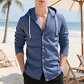 cheap Cotton Linen Shirt-Men&#039;s Shirt Linen Shirt Casual Shirt Button Up Shirt Cotton Shirt Stripe Vacation Hawaiian Black White Navy Blue Khaki Long Sleeve Hooded Spring Fall Clothing Apparel Drawstring