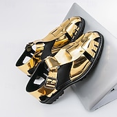 billige Kjole sandaler-Gull- og svarte metalliske sandaler for menn – stilige gladiatorsandaler med moderne spennedesign, perfekte for uformelle utendørsarrangementer